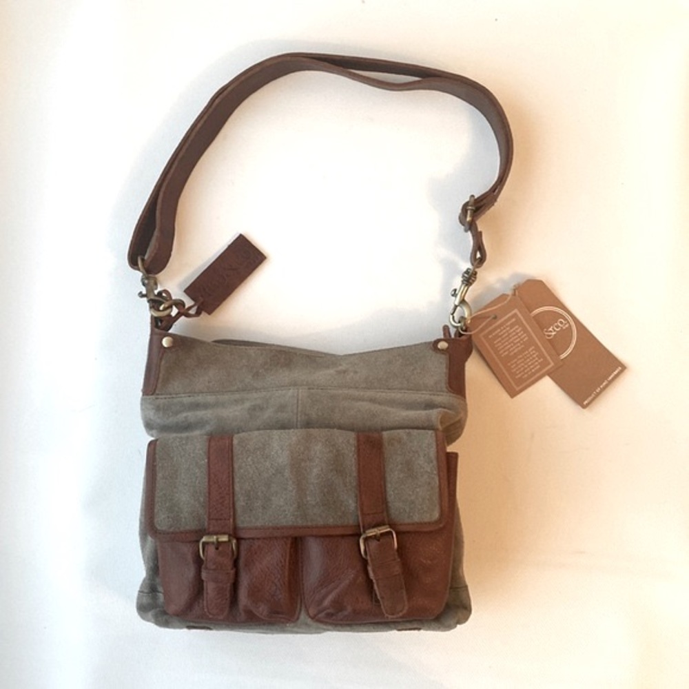 NWT Mo & Co Grey Suede & brown Leather HandBag Crossbody Shoulder Tote